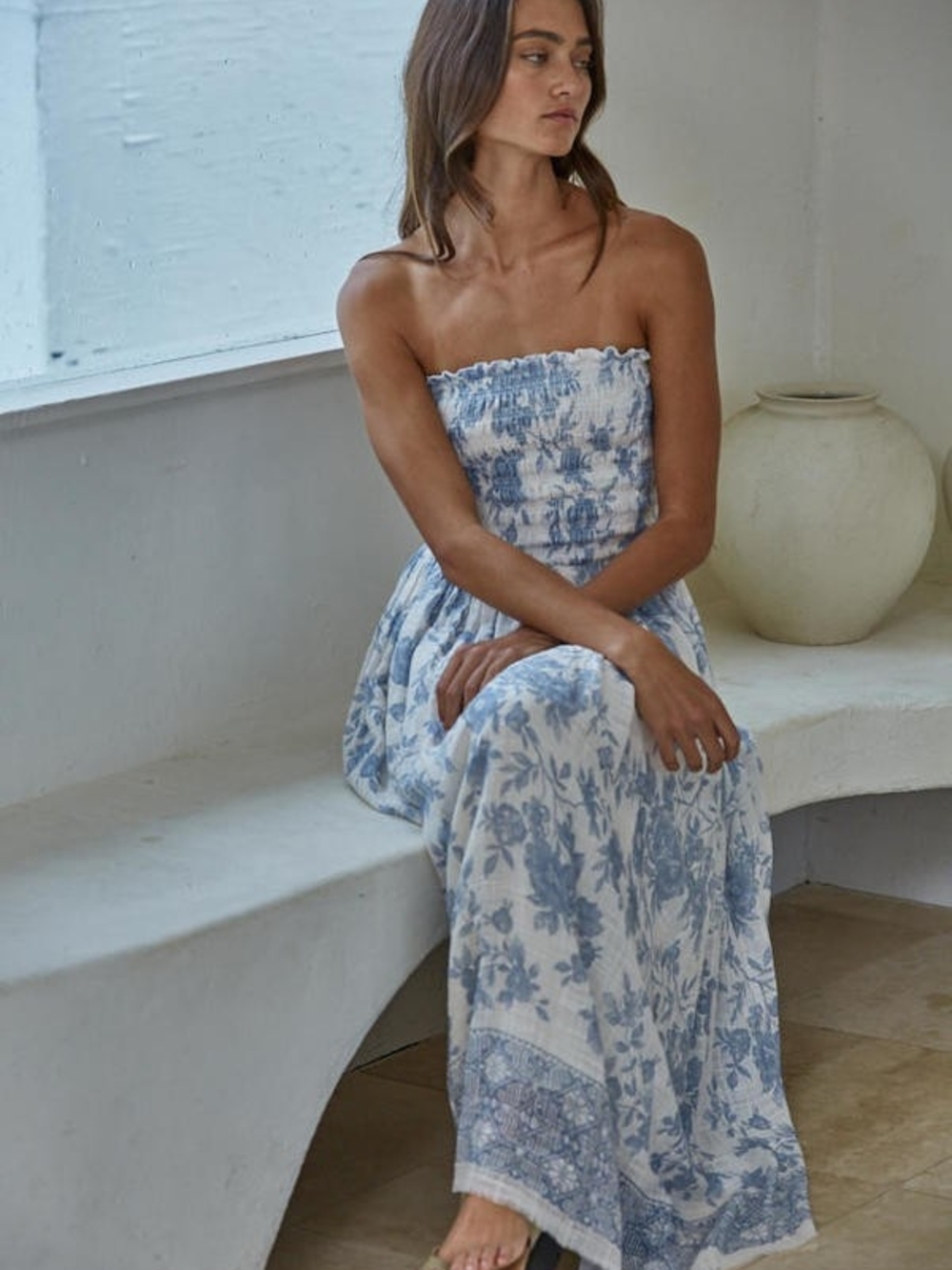 By Together Blue and White Strapless Smocked Midi Dress